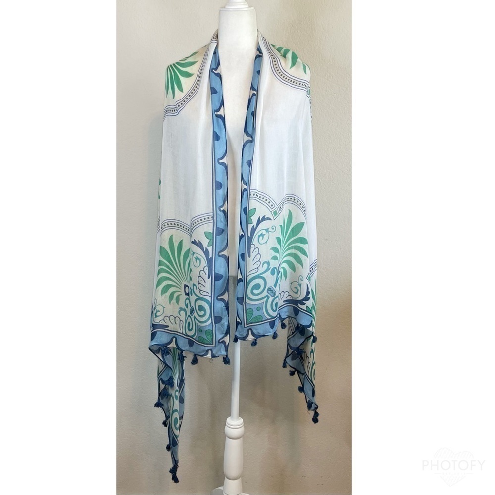 Michael Stars Blue White Teal Lightweight Scarf Beachy Wrap Sarong Cover Up